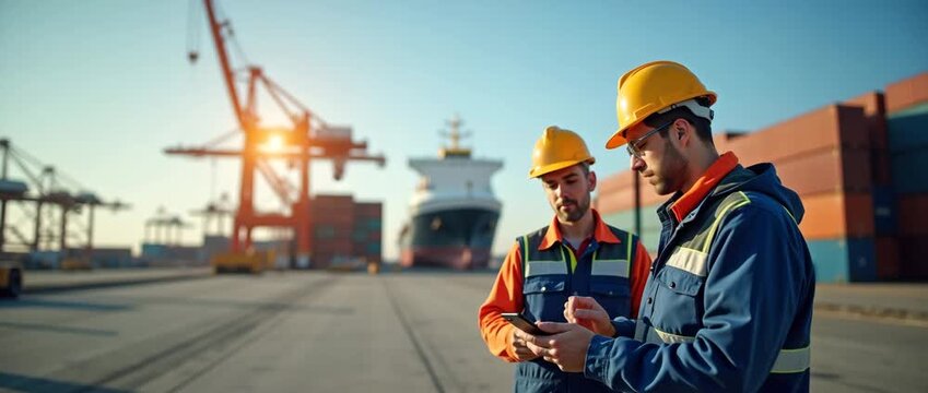 Two dock workers in safety gear review data on a tablet at a bustling shipping port, as cranes and containers create a dynamic backdrop; the camera slowly pans to capture the industrial scene in cinem