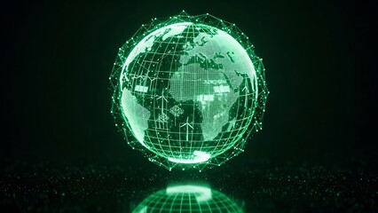 Green globe a digital Earth with lines  dots floats over a reflective surface against a dark backdrop