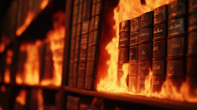 Video A burning bookshelf filled with lots of books, often used for dramatic or apocalyptic scenes