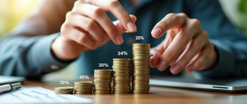 An investor meticulously stacking coins of varying heights with labeled percentages denoting financial interests, showcasing growth in a dynamic financial market atmosphere, invoking a sense of profit