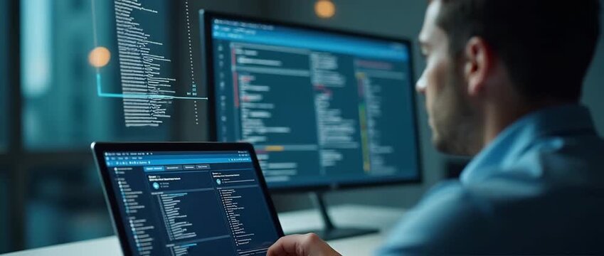 Focused software developer types on a laptop in a modern office as the camera gently pans, with code reflected in screens creating a dynamic, cinematic tech environment.