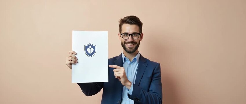 Confident businessman presents insurance document, smiling in a minimalist office setting; camera smoothly pans, capturing ambient light shifts in a professional, cinematic style.