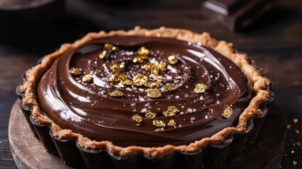 Video Rich and decadent chocolate tart topped with golden sprinkles, perfect for special occasions or as a treat