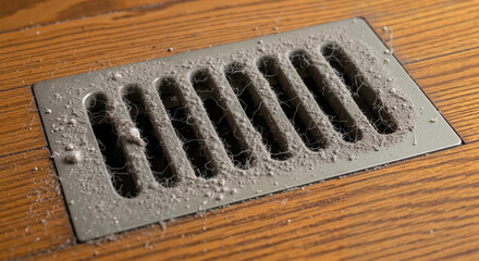 Floor vent with dust accumulation on wooden surface