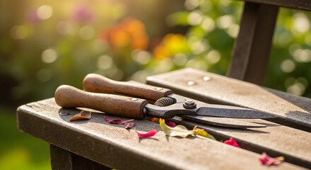 Garden scissors on wooden bench with scattered flower petals