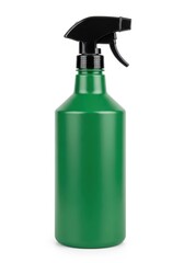 Fototapeta premium Green plastic spray bottle with black trigger nozzle on white background. Blank matte cleaning spray container for household chemicals. Professional garden water sprayer for plant care mockup.