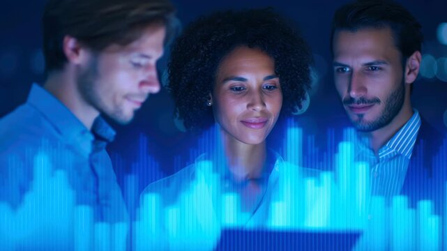 Focused team data analysis digital chart blue light night office collaboration tablet analytics growth teamwork collaboration digital technology marketing business drives insight team focuses tablet