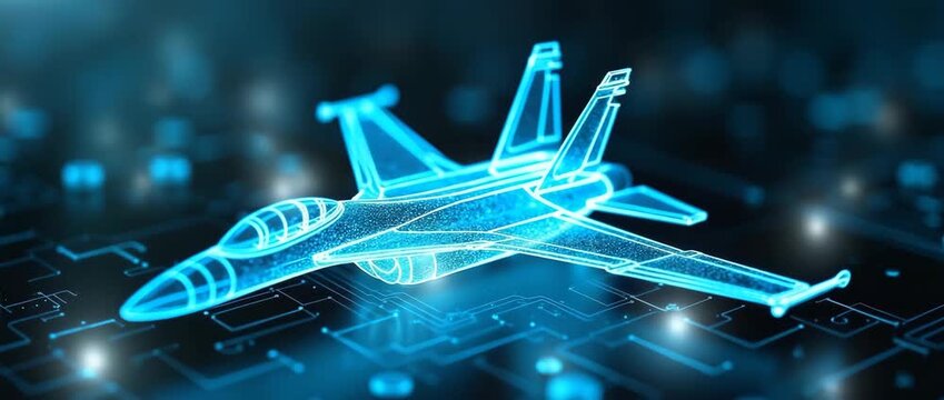 A glowing holographic jet model hovers above a digital circuit board with ambient lights flickering; the camera smoothly pans to reveal intricate details in a futuristic, cinematic style.