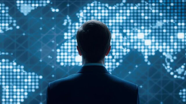 Digital technology marketing business executive rear view man male person observing global network data analytics strategy innovation leadership vision, world map screen glowing data points