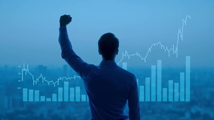 Digital technology marketing business success data chart growth strategy analytics for business growth strategy and analytics, confident silhouette sunrise with city skyline, celebrating data driven