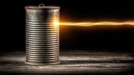 simple tin can telephone, but the string is a vibrant, glowing fiber optic cable, symbolizing the evolution of communication technology 