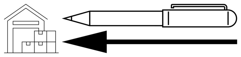 Obraz premium Delivery concept. Delivery signs with warehouse, packaging boxes, and pen image. Delivery process planning for shipping, supply chain, and retail industry. Useful for logistics, business commerce