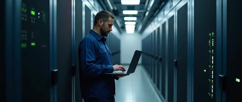 Focused IT professional works on a laptop in a data center, with lights flickering gently and the camera slowly panning through the server room, in a sleek cinematic style.