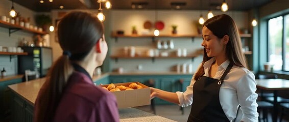 Friendly bakery staff hands over fresh pastries in a cozy cafe; camera gently pans as warm ambient lighting flickers, creating a welcoming, cinematic atmosphere.