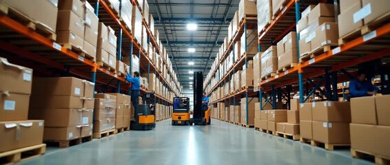 Efficient warehouse logistics with workers operating forklifts as the camera steadily tracks through organized aisles; gentle ambient lighting enhances the dynamic, industrial atmosphere. - Powered by Adobe