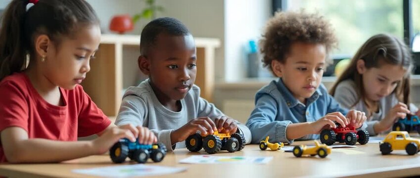 Children engage with toy cars at a classroom table, hands moving with curiosity, while the camera gently pans across the scene, capturing a warm, educational atmosphere in a cinematic style.