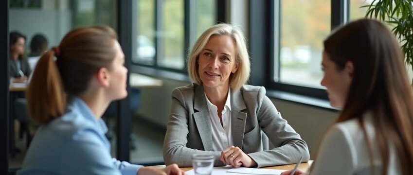 Professional meeting in bright office setting; colleagues engage in lively discussion, camera slowly pans, natural light flickers softly, cinematic style, business collaboration concept.