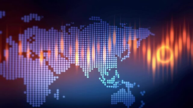 Global map data digital technology marketing business analytics network finance growth innovation shape bright world map made of dots with glowing waveform signals for digital technology marketing