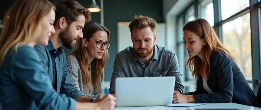 Collaborative business meeting with professionals engaged in discussion, camera slowly panning around a modern conference room, ambient light creating a cinematic, focused atmosphere.