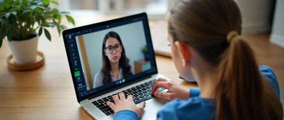 Young girl engaging in a virtual learning session on a laptop, with a slow pan revealing a serene home office setting; a cinematic style captures ambient light and gentle plant movement.