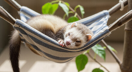 Ferret sleeping peacefully in striped hammock with sunlight