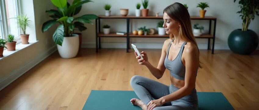 An over-the-shoulder view of a fit woman yoga teacher sitting on her mat, holding a phone during a video call in a home gym, emphasizing fitness and accessibility while providing generous copy space.
