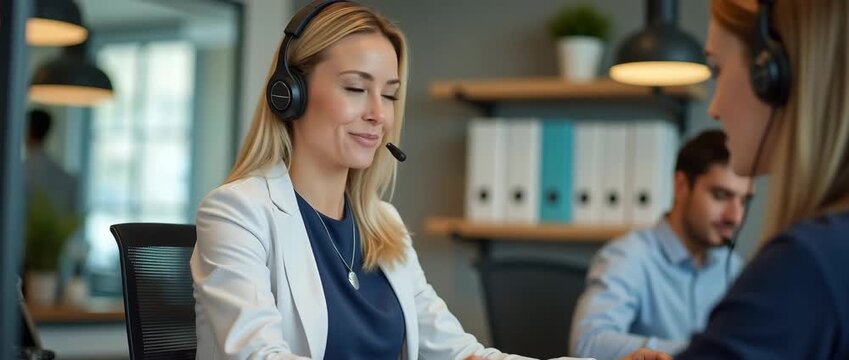Friendly customer service representative with headset engages in conversation at modern office, steady camera pans gently, ambient office sounds, cinematic, professional atmosphere.