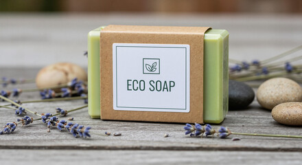 Eco soap in cardboard wrap with lavender and stones on wood