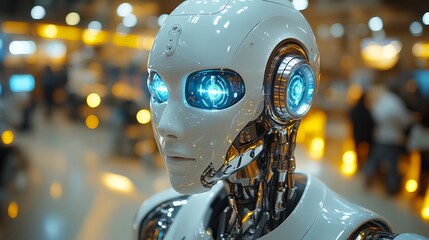 Fototapeta premium Futuristic humanoid robot with glowing blue eyes standing in a softly lit technology convention hall showcasing advanced artificial intelligence