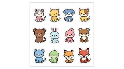 Cute Pastel Chibi Animal Sticker Sheet Pack: Adorable Kawaii Cat, Dog, Fox, Rabbit & Bear Characters