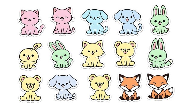 Cute Pastel Chibi Animal Sticker Sheet Pack: Adorable Kawaii Cat, Dog, Fox, Rabbit & Bear Characters
