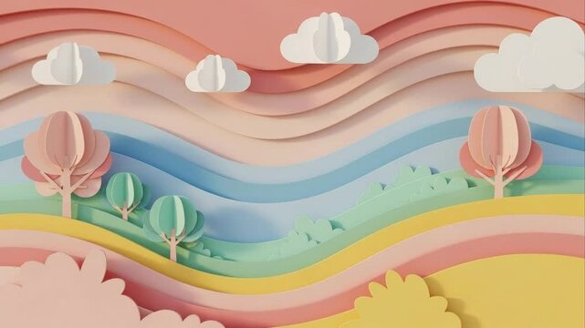 Colorful paper cutout landscape with trees and clouds against rainbow backdrop