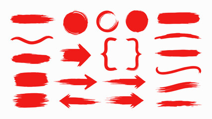 Bold red ink vector lines pack with long and round hand-drawn brushstrokes for text highlights, arrows, frames and circles. Asian calligraphy style with rough grunge texture and bloody scribbles © tajul