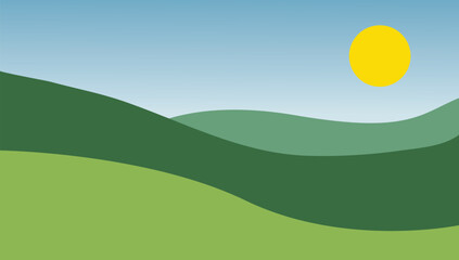 Fototapeta premium Simple vector illustration of rolling green hills under a bright yellow sun