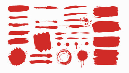 Red grunge brushstroke vector pack with long, short, and rounded ink strokes, splashes, frames, and circles. Bold bloody red color with rough hand-painted texture for posters, vector 