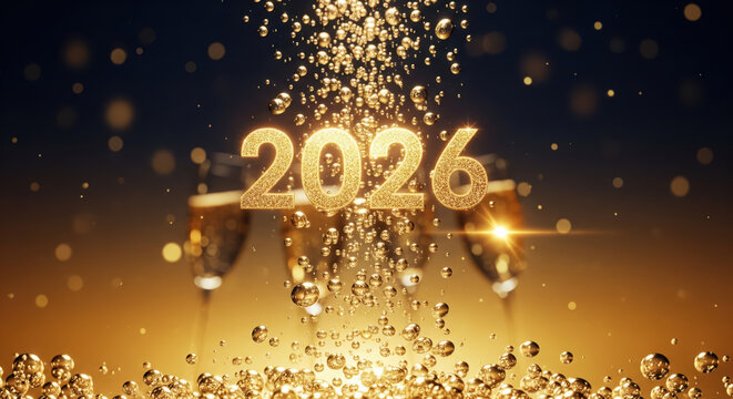 champagne themed new year 2026 background with sparkling bubbles