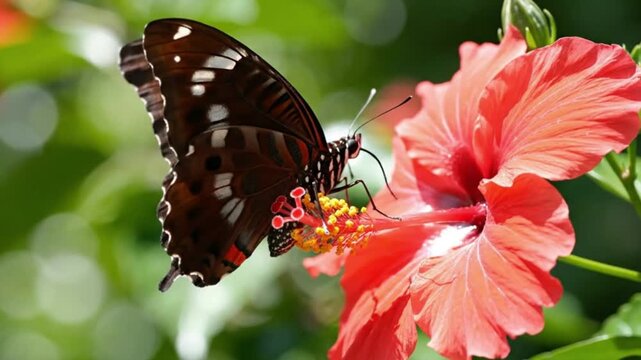 A stunning close-up captures a beautiful butterfly with intricate brown and white patterned wings delicately feeding on the vibrant orange and red stamen of a tropical flower. The warm sunlight illumi