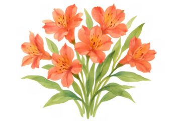 Watercolor alstroemeria bouquet depicting peruvian lily flowers and green leaves on transparent background for botanical art