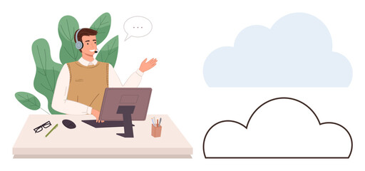 Male support representative using a headset and computer, gesturing toward cloud graphics. Ideal for customer service, remote work, technology, communication, cloud computing, online support, virtual