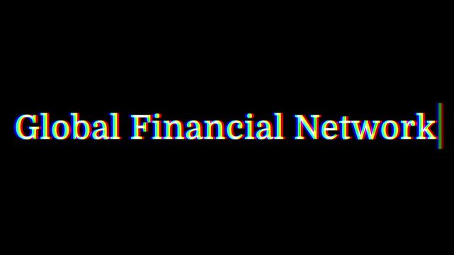 Computer terminal animation of the word Global Financial Network typed on screen with a blinking cursor. Global Financial Network typewriter effect on a clean background.