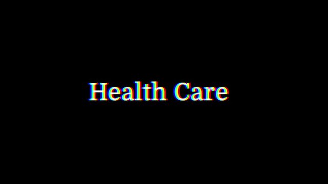 Computer terminal animation of the word health care typed on screen with a blinking cursor. health care typewriter effect on a clean background.