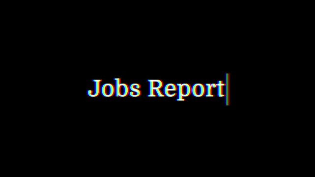 Computer terminal animation of the word Jobs Report typed on screen with a blinking cursor. Jobs Report typewriter effect on a clean background.
