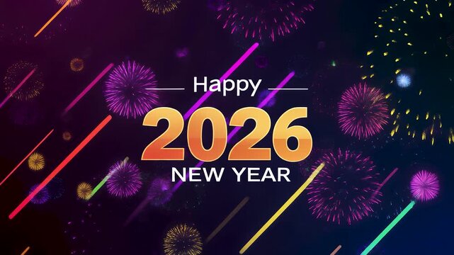 A colorful fireworks background with animation bold 2026 text object performing festive new year greeting action in bright celebration environment.