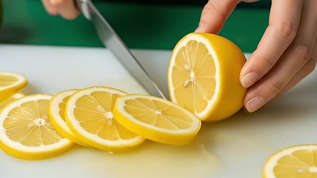 A vivid close-up shot captures hands expertly slicing a bright yellow lemon into perfectly round, juicy segments on a clean white cutting board. The gleaming knife blade cuts through the fresh citrus 