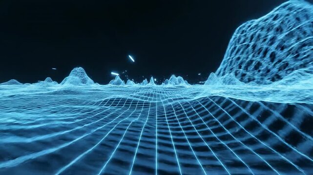 Neon blue glowing wireframe mesh grid generating a massive three dimensional digital wave distortion across a dark void big data, blue light, motion graphics