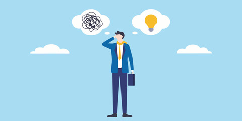 Businessman with confused thoughts and a bright idea on a blue background