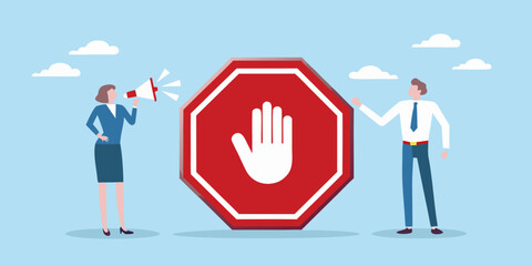 Business communication with stop sign and megaphone in light blue background