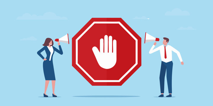 Business people announcing stop with megaphones next to a stop sign