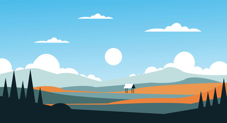 Minimalist landscape illustration of a small hut among rolling hills and trees