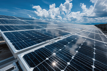 Panneaux solaires photovolta&iuml;ques capturant la lumi&egrave;re du soleil avec ciel bleu et nuages, concept d'&eacute;nergie renouvelable, &eacute;lectricit&eacute; verte durable et technologie industrielle